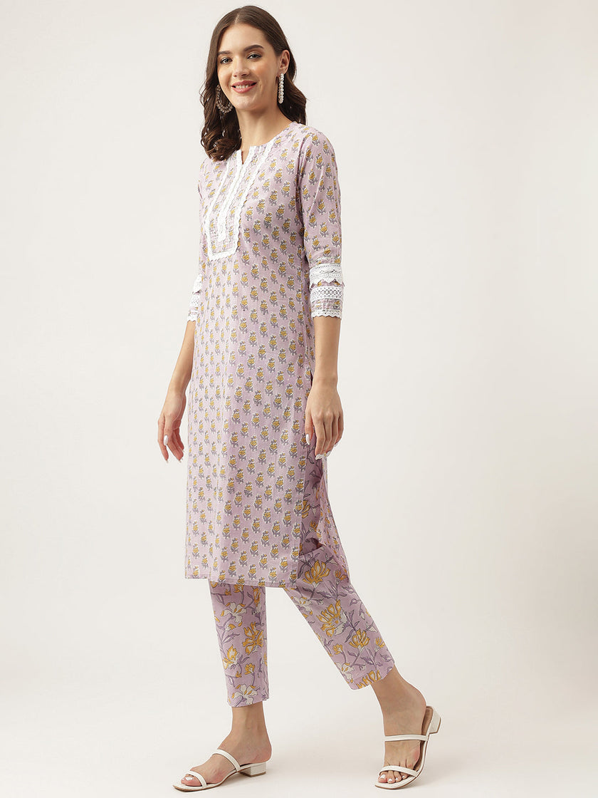 Divena Lavender Hand Block Printed Cotton Kurta, Trouser with Kota Doria Dupatta Set