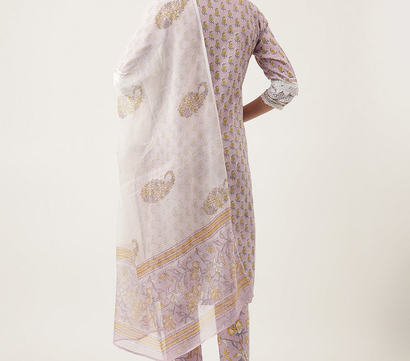 Divena Lavender Hand Block Printed Cotton Kurta, Trouser with Kota Doria Dupatta Set