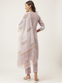 Divena Lavender Hand Block Printed Cotton Kurta, Trouser with Kota Doria Dupatta Set