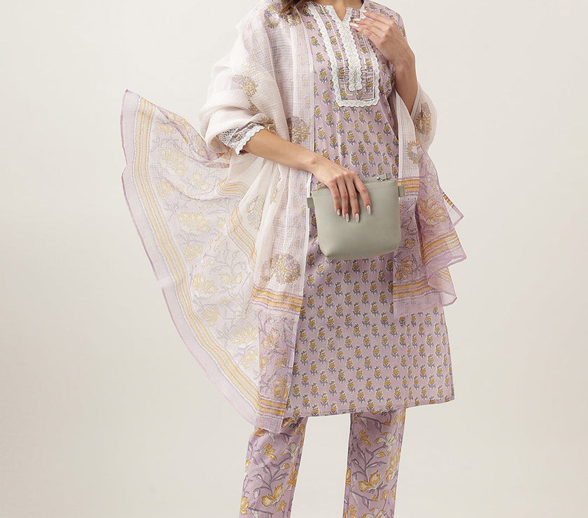 Divena Lavender Hand Block Printed Cotton Kurta, Trouser with Kota Doria Dupatta Set