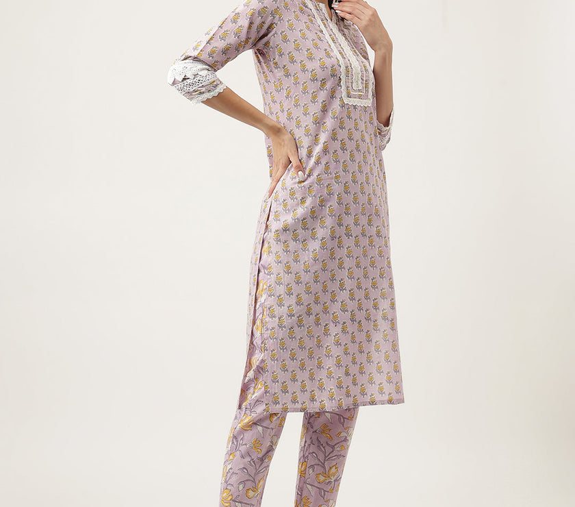 Divena Lavender Hand Block Printed Cotton Kurta, Trouser with Kota Doria Dupatta Set