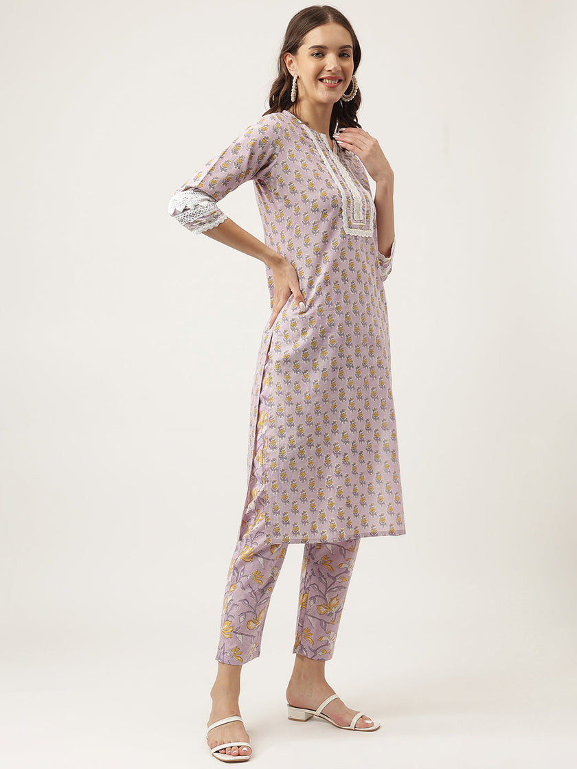 Divena Lavender Hand Block Printed Cotton Kurta, Trouser with Kota Doria Dupatta Set