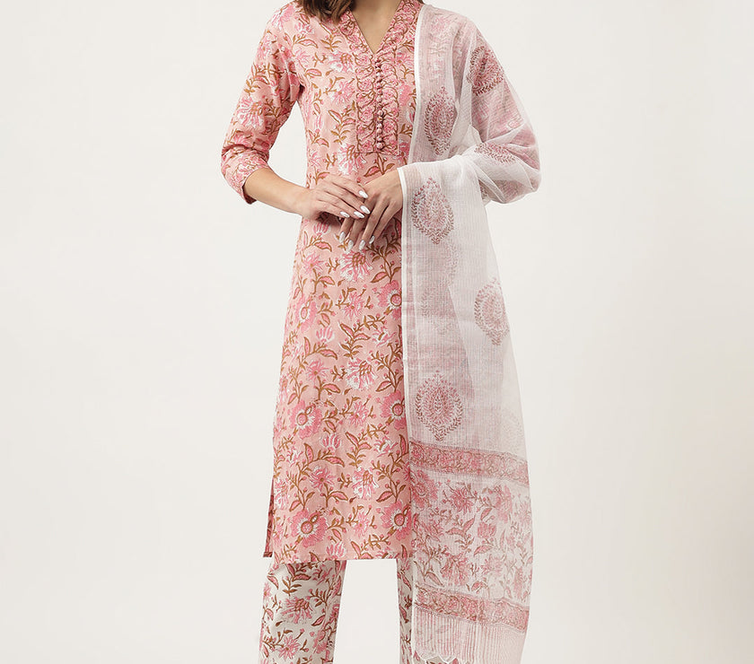 Divena Pink hand block Floral Printed Cotton Kurta, trousers with Dupatta Set