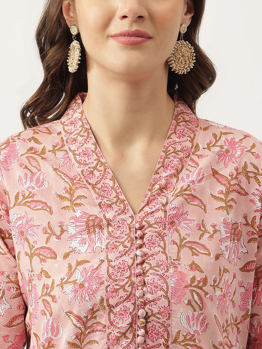 Divena Pink hand block Floral Printed Cotton Kurta, trousers with Dupatta Set