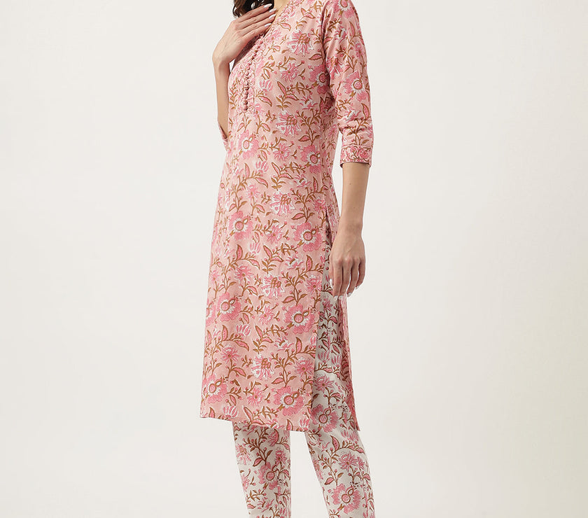 Divena Pink hand block Floral Printed Cotton Kurta, trousers with Dupatta Set