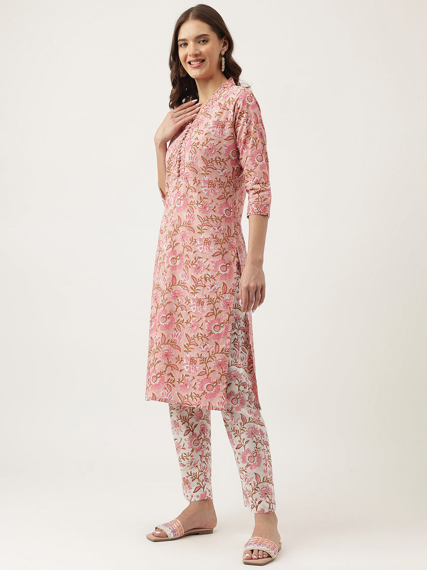 Divena Pink hand block Floral Printed Cotton Kurta, trousers with Dupatta Set