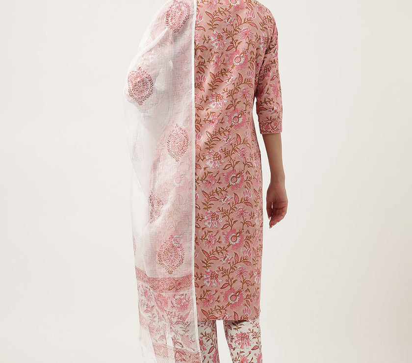 Divena Pink hand block Floral Printed Cotton Kurta, trousers with Dupatta Set