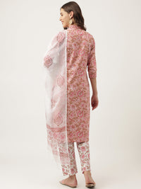 Divena Pink hand block Floral Printed Cotton Kurta, trousers with Dupatta Set