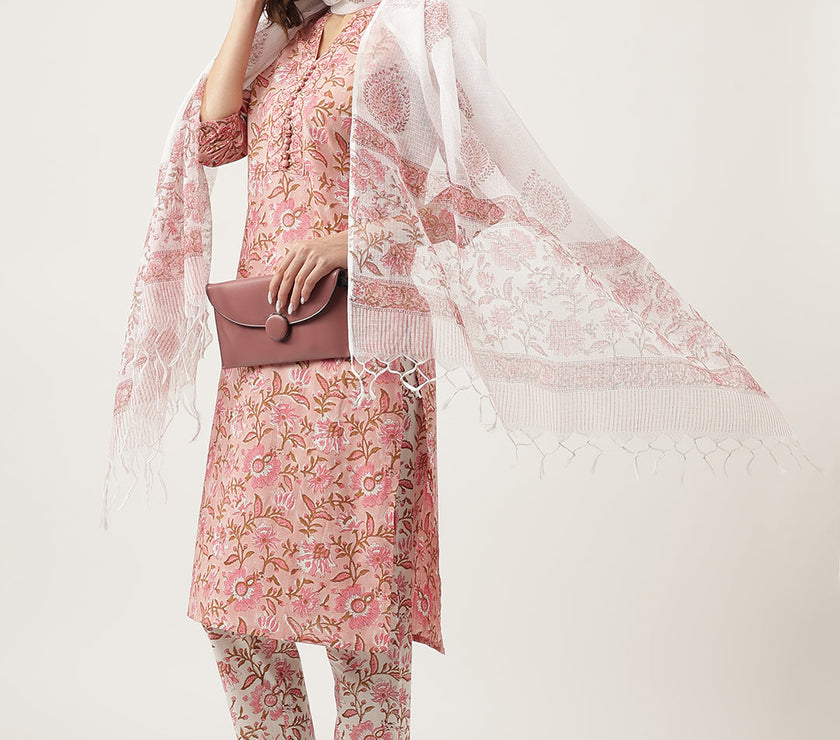 Divena Pink hand block Floral Printed Cotton Kurta, trousers with Dupatta Set