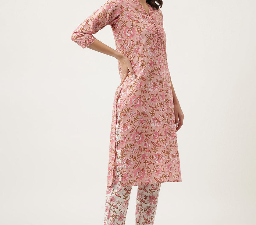 Divena Pink hand block Floral Printed Cotton Kurta, trousers with Dupatta Set