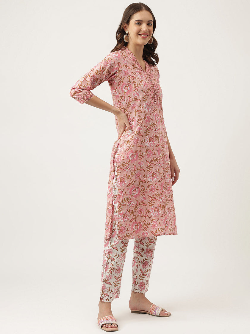 Divena Pink hand block Floral Printed Cotton Kurta, trousers with Dupatta Set