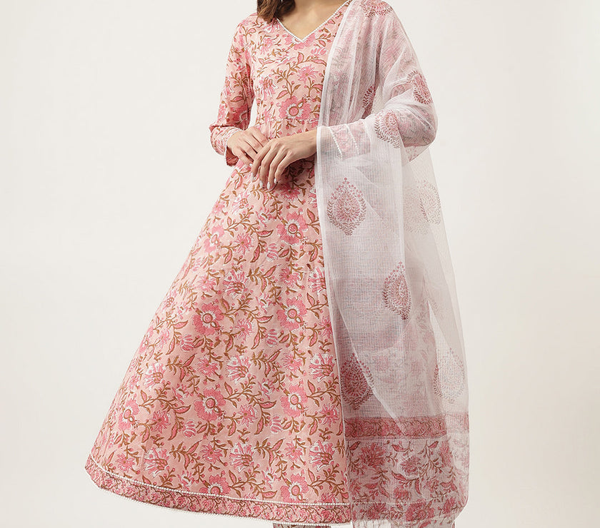 Divena Pink Floral HandBlock Printed Cotton Anarkali Kurta, trouser with Dupatta Set