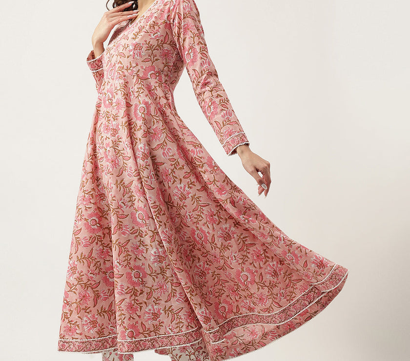 Divena Pink Floral HandBlock Printed Cotton Anarkali Kurta, trouser with Dupatta Set