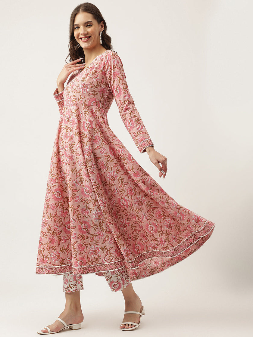 Divena Pink Floral HandBlock Printed Cotton Anarkali Kurta, trouser with Dupatta Set