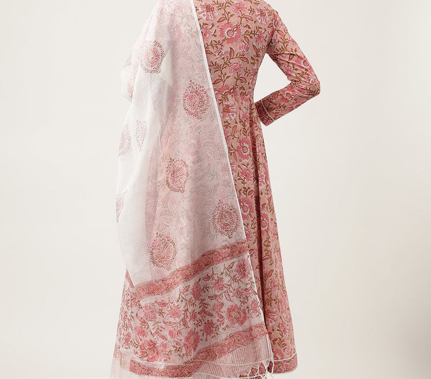 Divena Pink Floral HandBlock Printed Cotton Anarkali Kurta, trouser with Dupatta Set