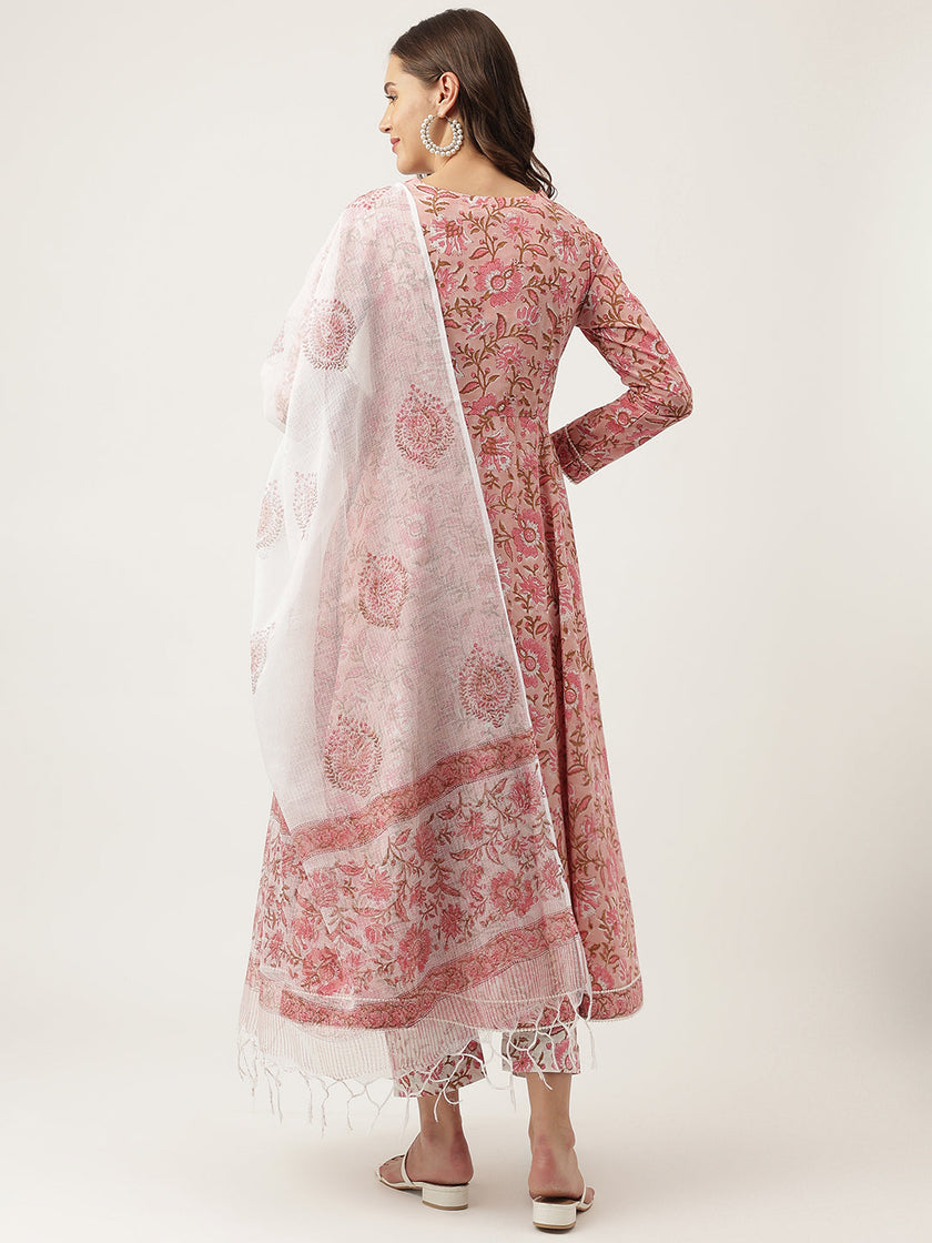 Divena Pink Floral HandBlock Printed Cotton Anarkali Kurta, trouser with Dupatta Set