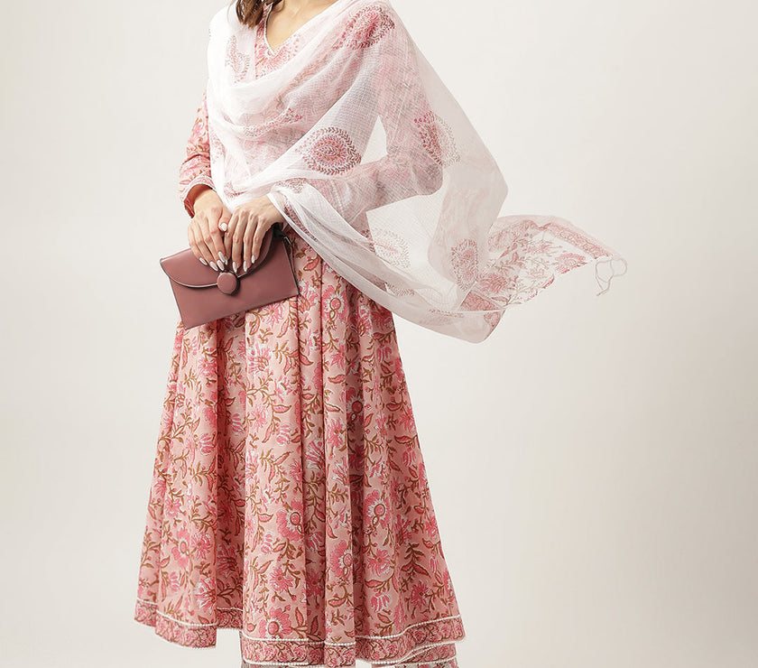 Divena Pink Floral HandBlock Printed Cotton Anarkali Kurta, trouser with Dupatta Set