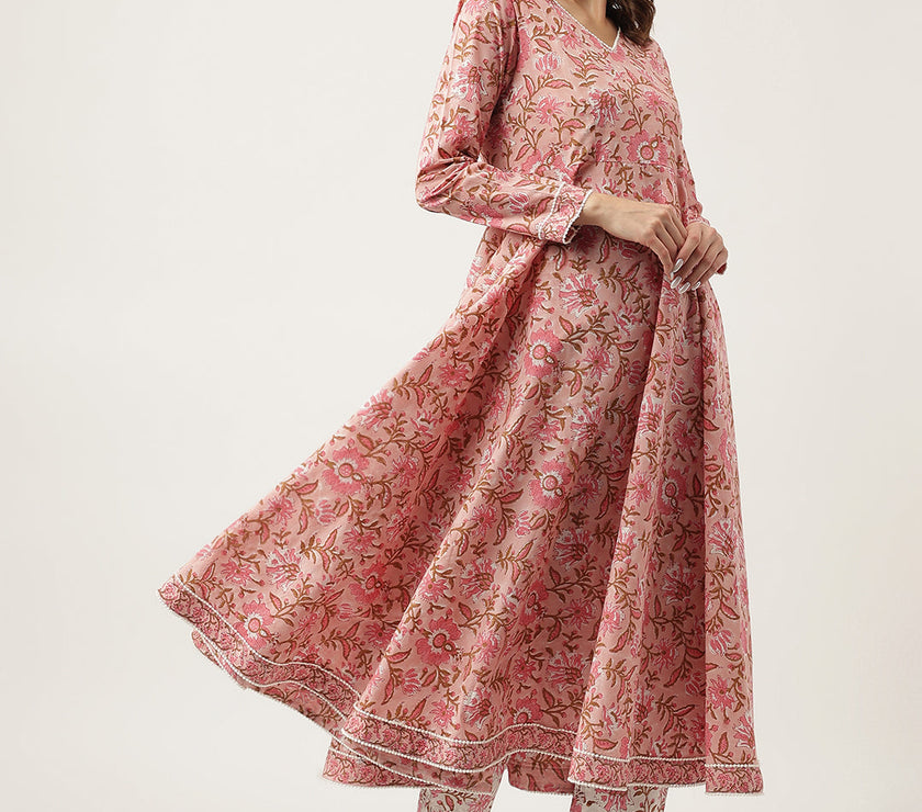 Divena Pink Floral HandBlock Printed Cotton Anarkali Kurta, trouser with Dupatta Set