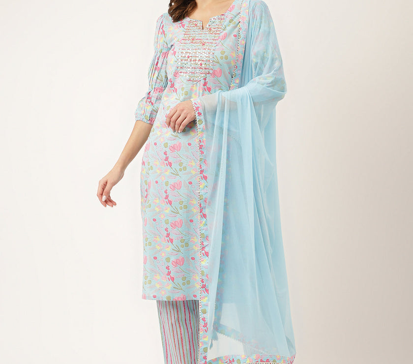 Divena Blue Floral Print Cotton  Kurta, Trouser With Dupatta