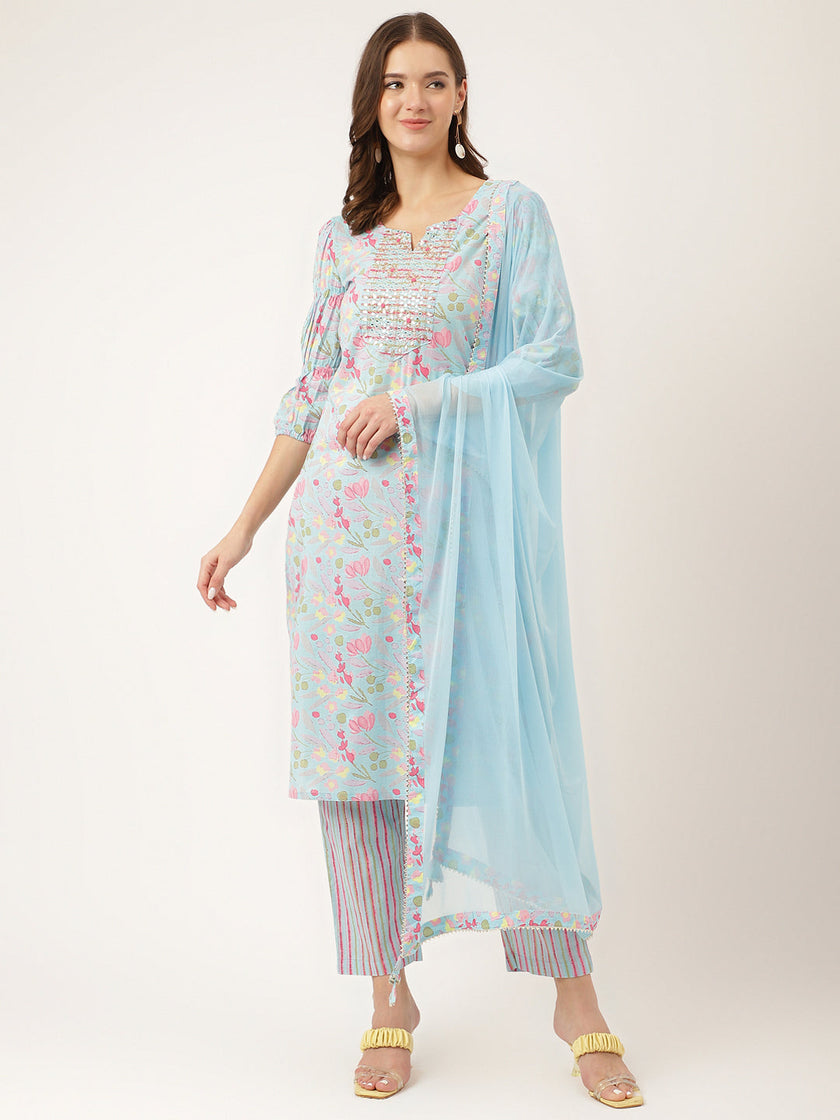 Divena Blue Floral Print Cotton  Kurta, Trouser With Dupatta