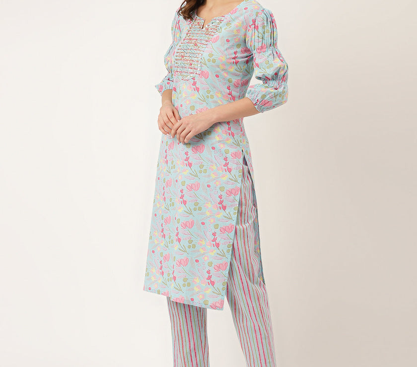 Divena Blue Floral Print Cotton  Kurta, Trouser With Dupatta