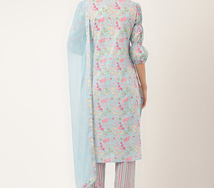 Divena Blue Floral Print Cotton  Kurta, Trouser With Dupatta