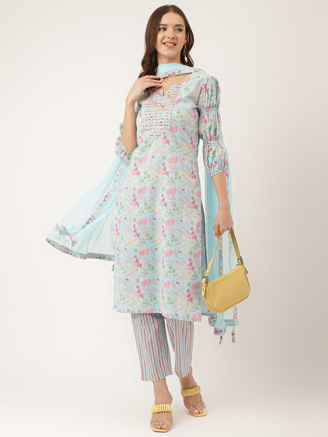 Divena Blue Floral Print Cotton  Kurta, Trouser With Dupatta