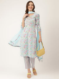 Divena Blue Floral Print Cotton  Kurta, Trouser With Dupatta