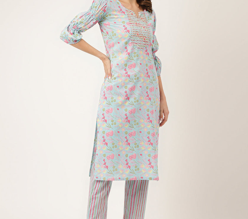 Divena Blue Floral Print Cotton  Kurta, Trouser With Dupatta