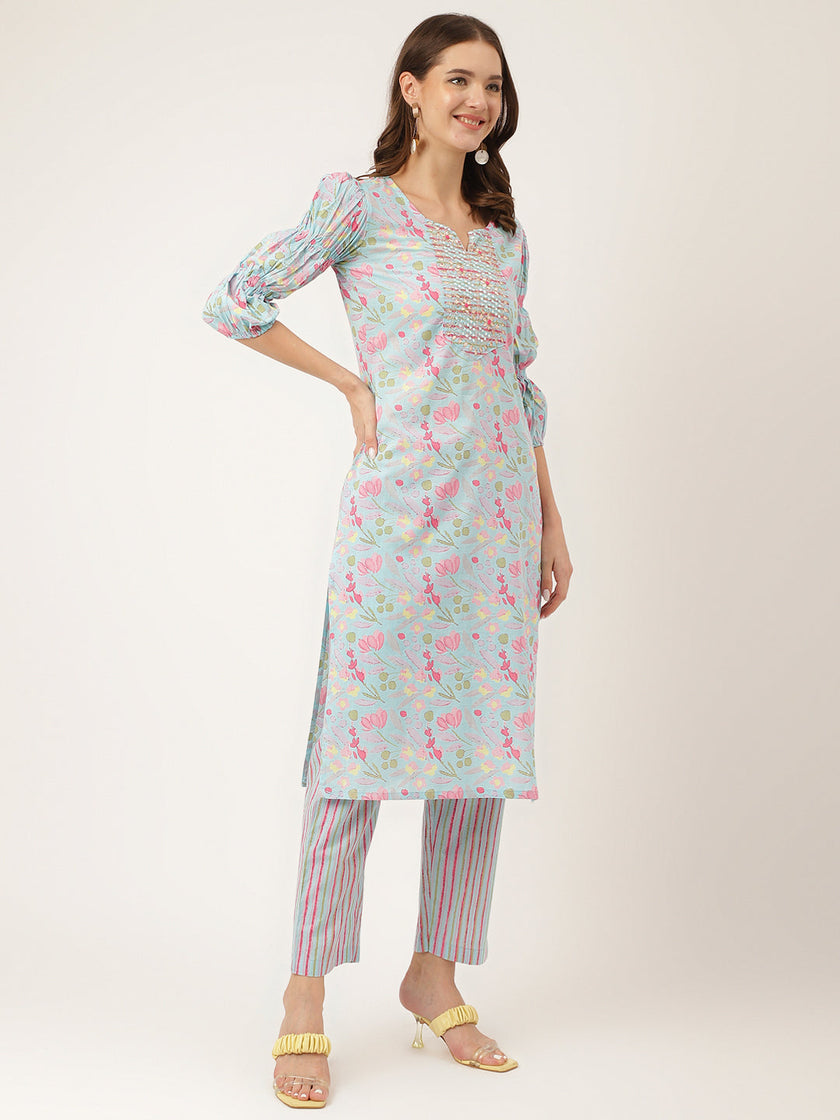 Divena Blue Floral Print Cotton  Kurta, Trouser With Dupatta