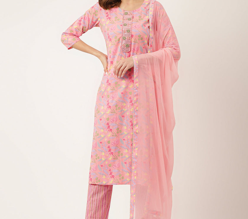 Divena Pink Floral Print Cotton  Kurta, Trouser With Dupatta