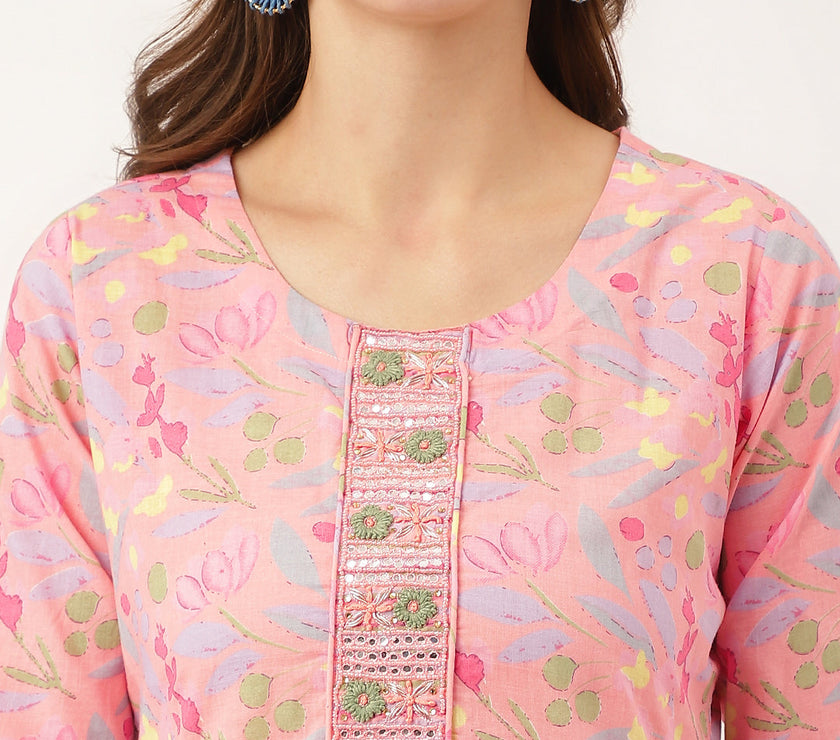 Divena Pink Floral Print Cotton  Kurta, Trouser With Dupatta