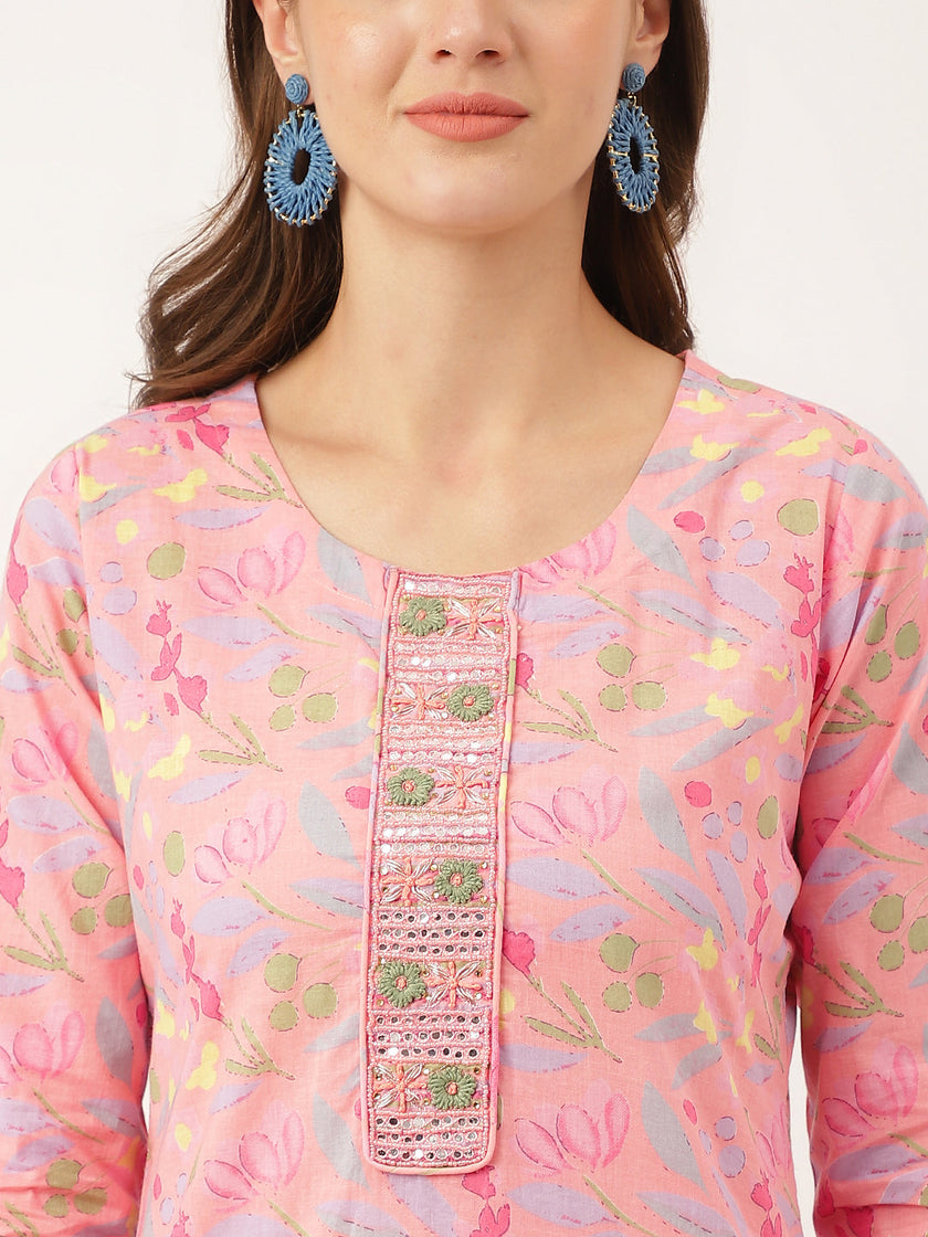 Divena Pink Floral Print Cotton  Kurta, Trouser With Dupatta