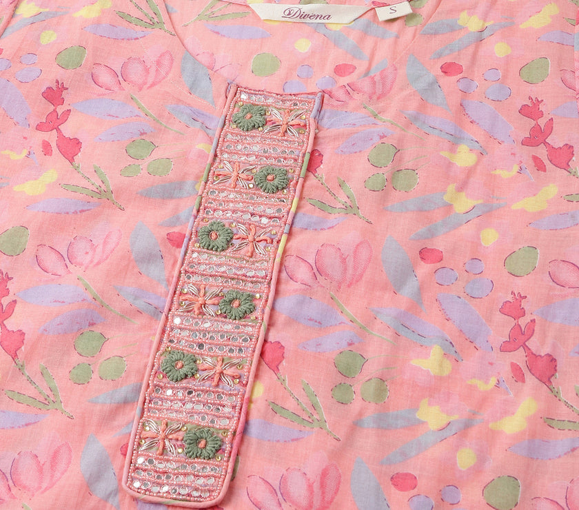 Divena Pink Floral Print Cotton  Kurta, Trouser With Dupatta