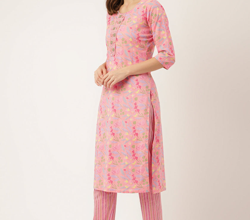 Divena Pink Floral Print Cotton  Kurta, Trouser With Dupatta