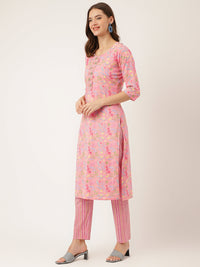 Divena Pink Floral Print Cotton  Kurta, Trouser With Dupatta