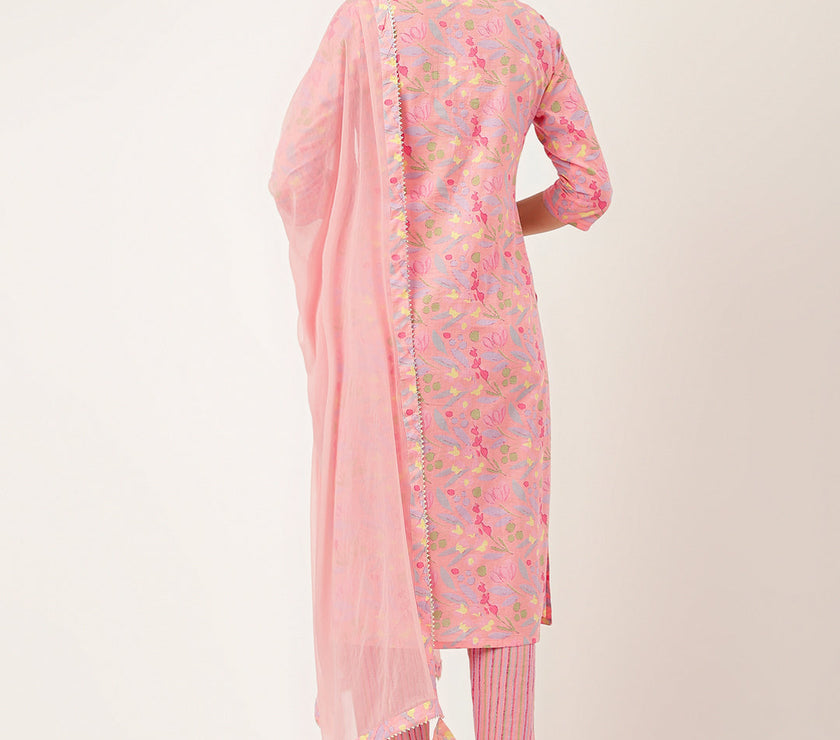 Divena Pink Floral Print Cotton  Kurta, Trouser With Dupatta