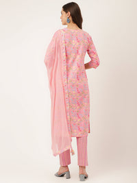 Divena Pink Floral Print Cotton  Kurta, Trouser With Dupatta