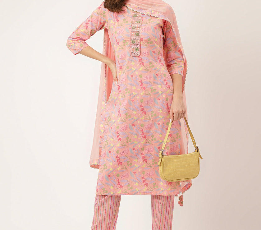 Divena Pink Floral Print Cotton  Kurta, Trouser With Dupatta