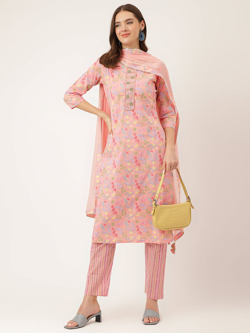 Divena Pink Floral Print Cotton  Kurta, Trouser With Dupatta