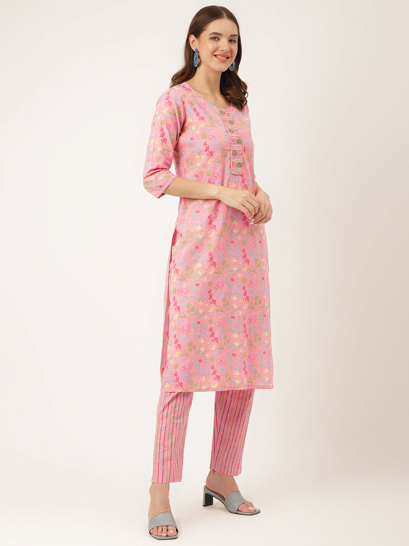 Divena Pink Floral Print Cotton  Kurta, Trouser With Dupatta