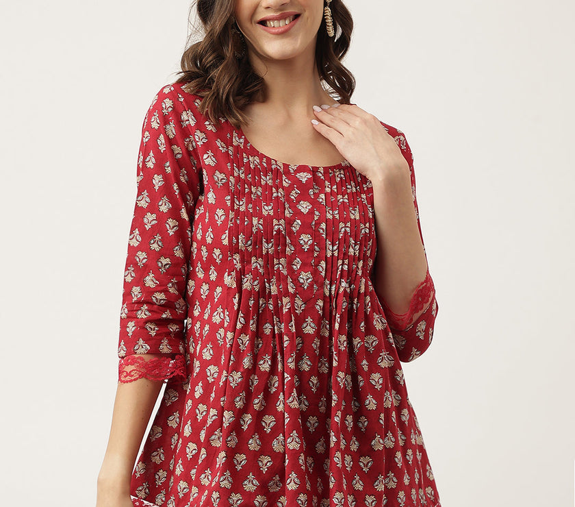 Divena Maroon Floral Printed Cotton Peplum Top