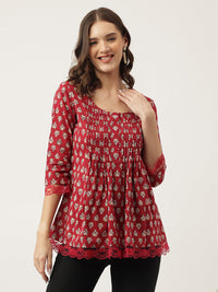 Divena Maroon Floral Printed Cotton Peplum Top