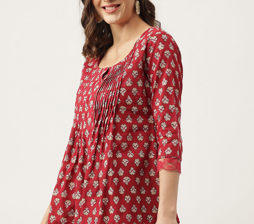 Divena Maroon Floral Printed Cotton Peplum Top