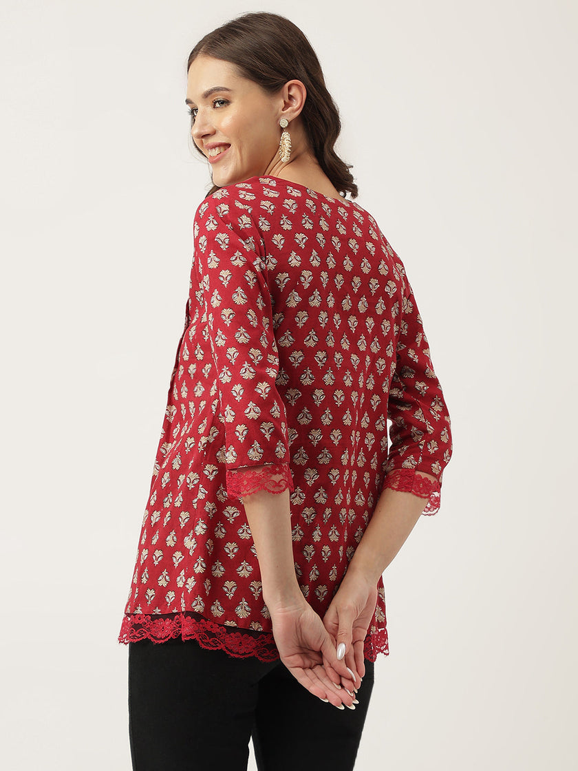 Divena Maroon Floral Printed Cotton Peplum Top