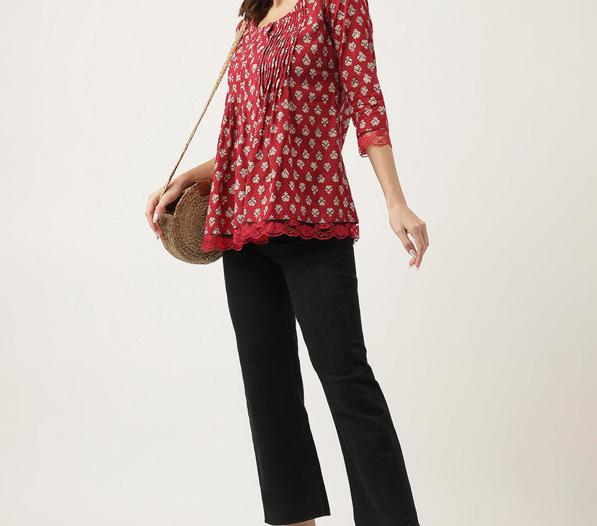 Divena Maroon Floral Printed Cotton Peplum Top