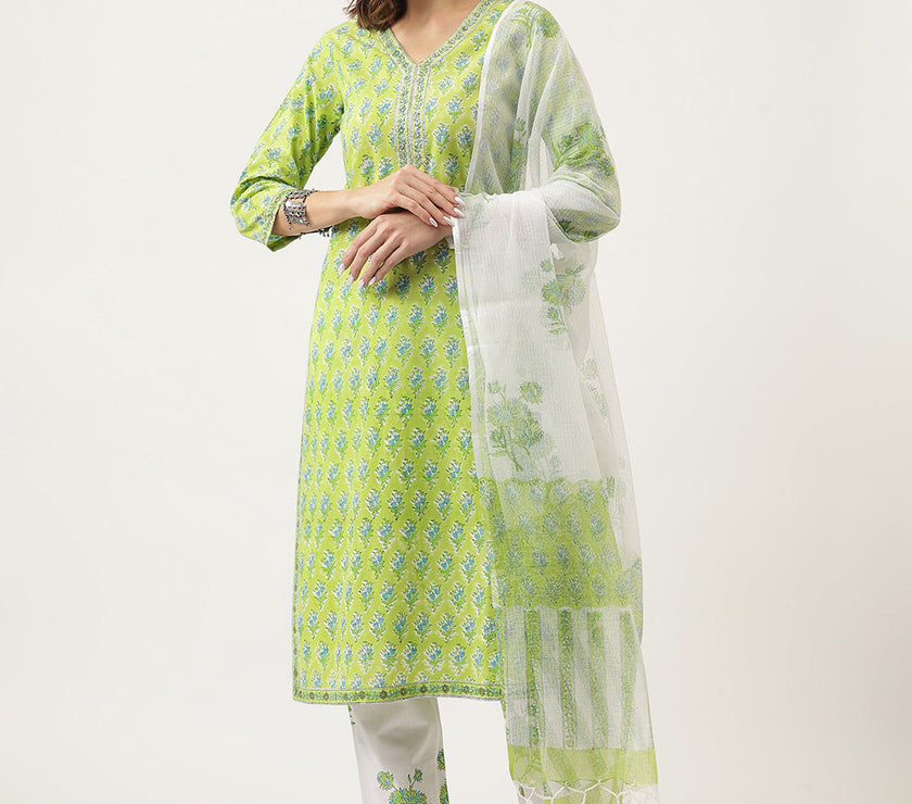 Divena Green Handblock Floral Printed Kurta Trouser & Kota Doria Dupatta Set