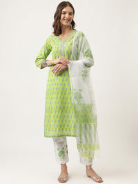 Divena Green Handblock Floral Printed Kurta Trouser & Kota Doria Dupatta Set