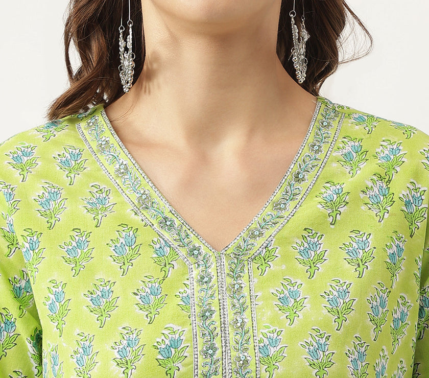 Divena Green Handblock Floral Printed Kurta Trouser & Kota Doria Dupatta Set