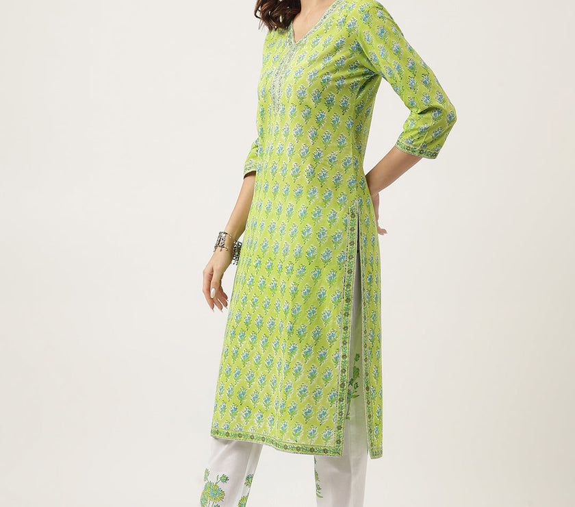 Divena Green Handblock Floral Printed Kurta Trouser & Kota Doria Dupatta Set